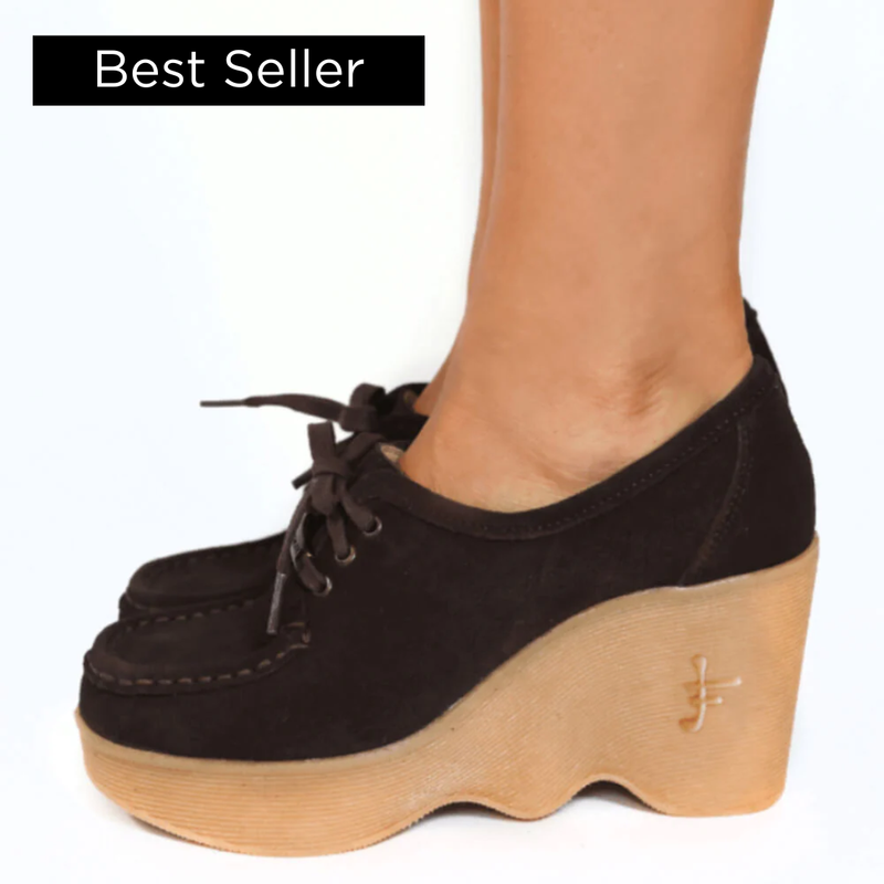 Famolare Square Up Truffle platform shoe featuring soft truffle suede, a cushioned leather footbed, and the signature recycled rubber wave sole.