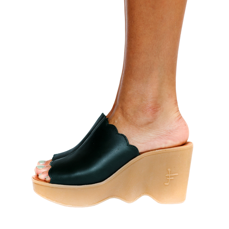 Famolare Upslide Forest leather platform sandals with wide straps and the signature recycled rubber wave sole.